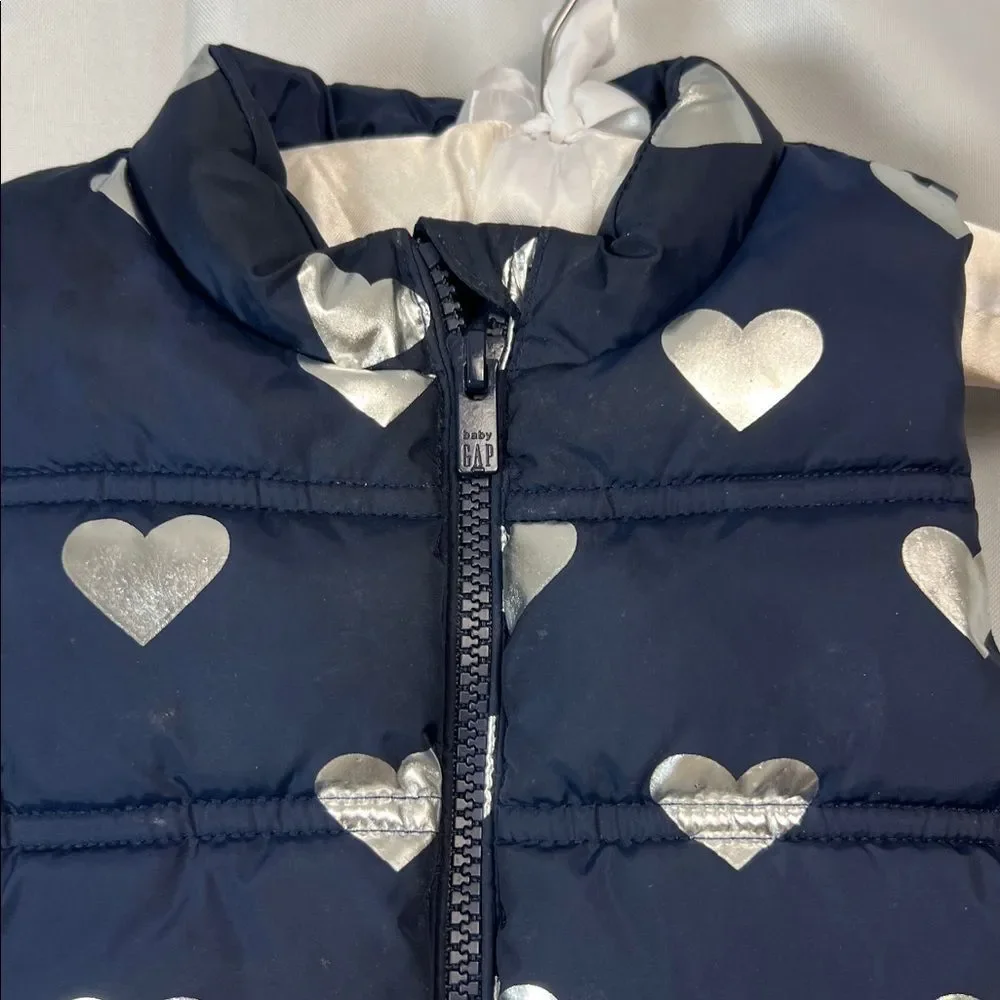 Baby GAP Navy Blue puffer vest with silver hearts size 18-24 months